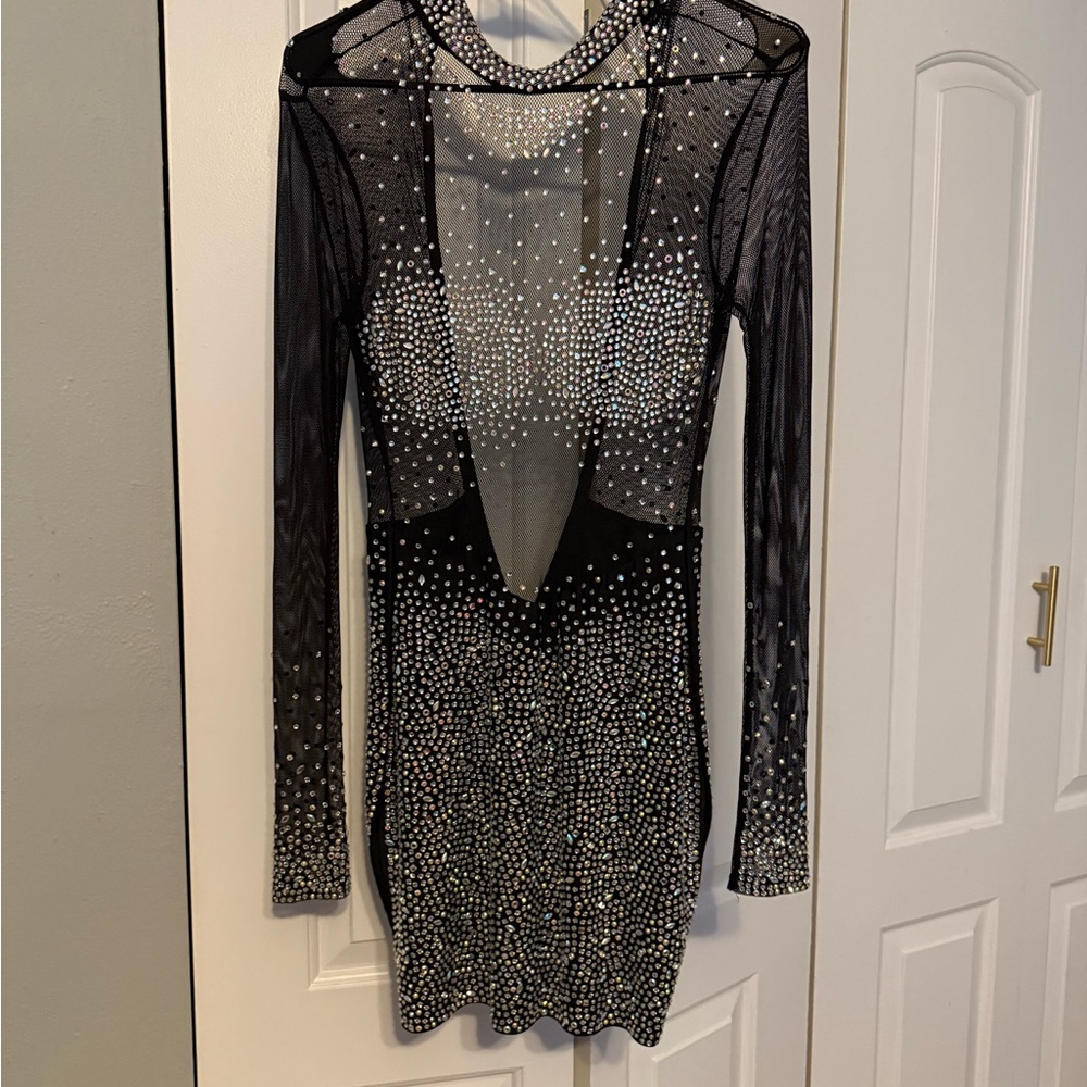 Windsor Black Mesh Long-Sleeve Rhinestone Mini Dress